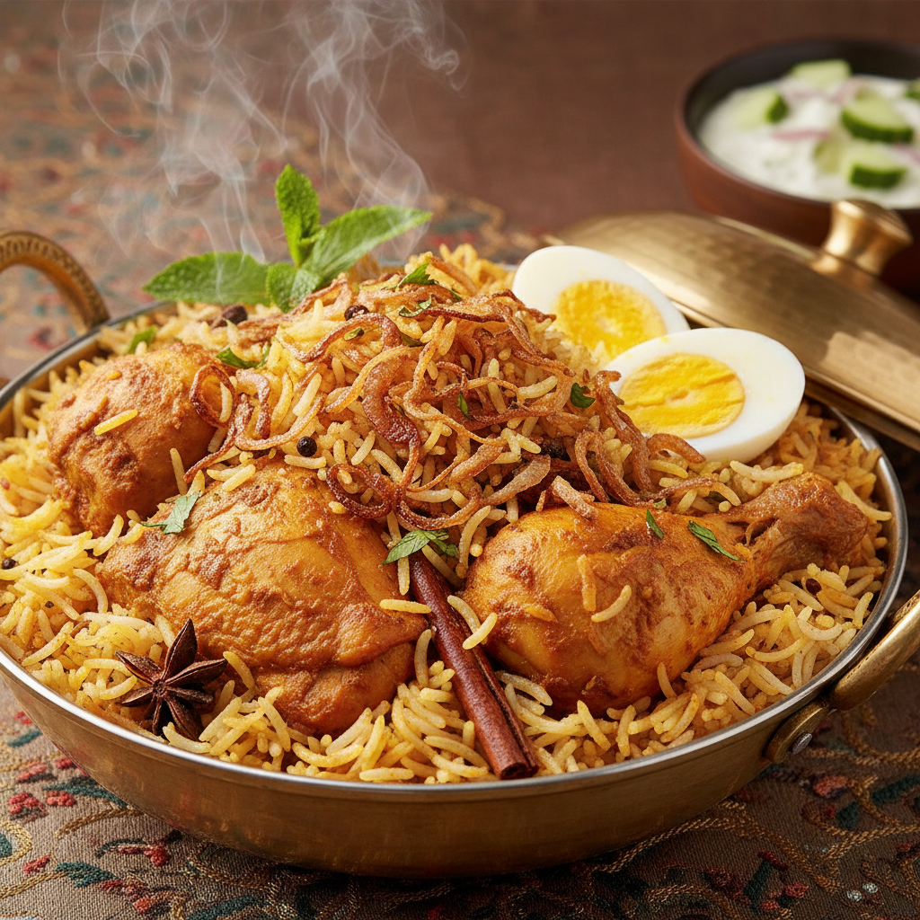Chicken biriyani with golden saffron rice and tender chicken pieces
