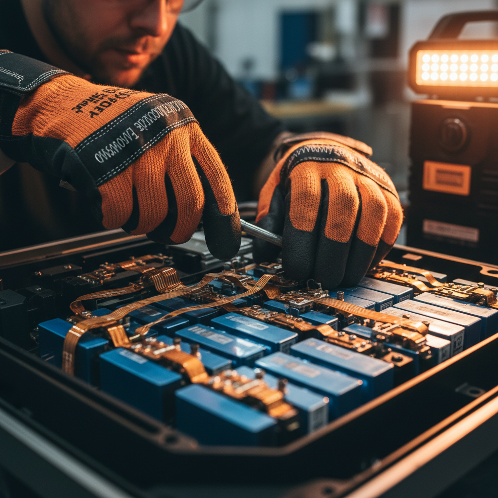 Technician in insulated gloves working on EV battery module under amber work lights