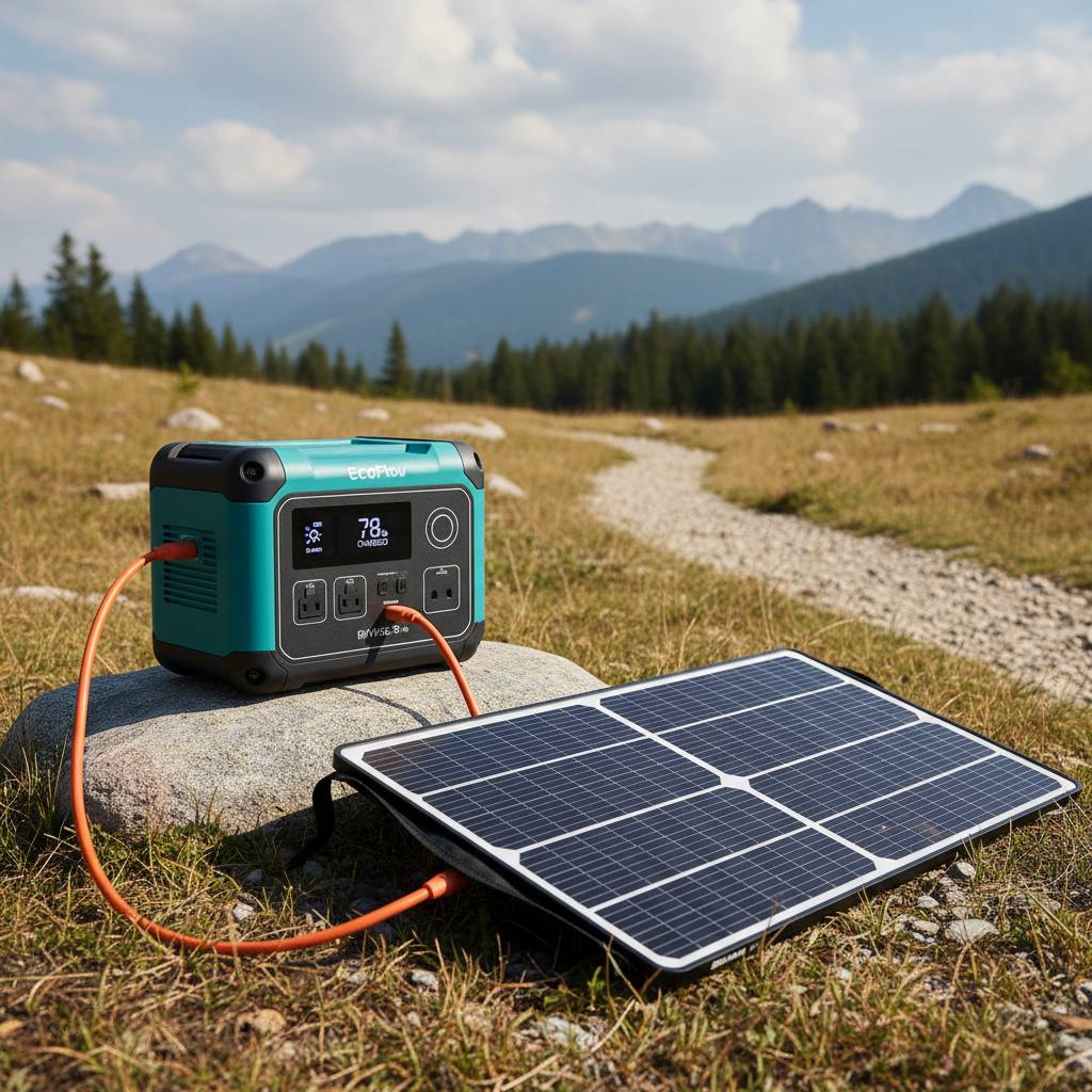 Panneau solaire portable EcoFlow déployé sur terrain rocheux, lumière dorée