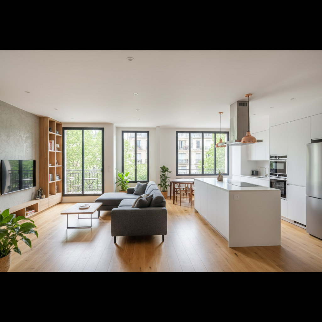 Bright open-plan living room with high ceilings, natural light, modern furnishings, hardwood floors