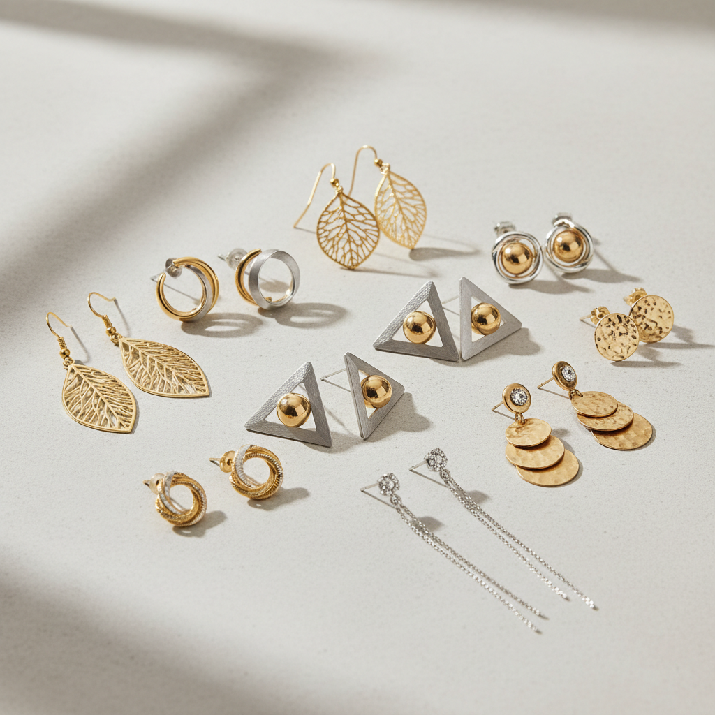 Elegant silver earrings and bangles arranged on white surface
