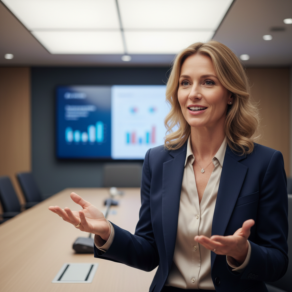 Sarah Johnson, business development manager, professional woman with blonde hair in white blazer presenting in modern conference room