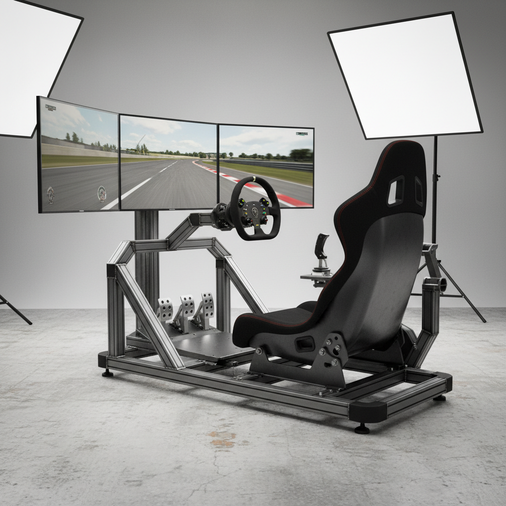 Custom static sim racing cockpit rig, steel frame construction, adjustable seat position, racing wheel mount