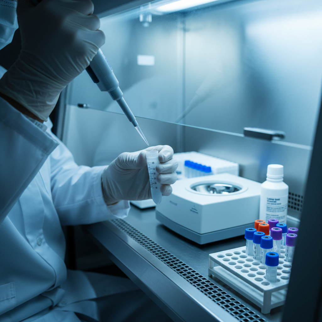 Scientist in white lab coat pipetting samples in a well-lit pharmaceutical laboratory with blue reagents