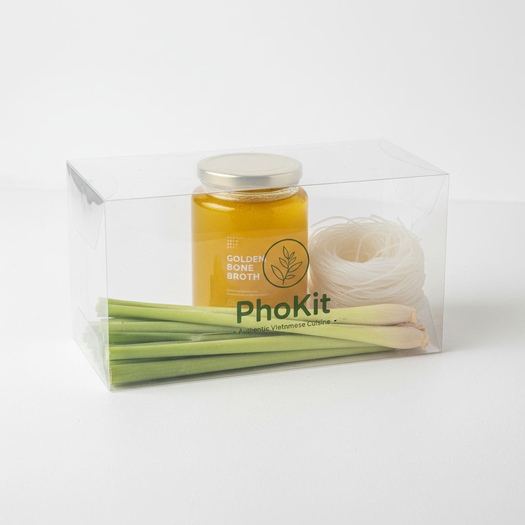 Sealed PhoKit box with lemongrass, rice noodles, and golden bone broth jar visible through packaging