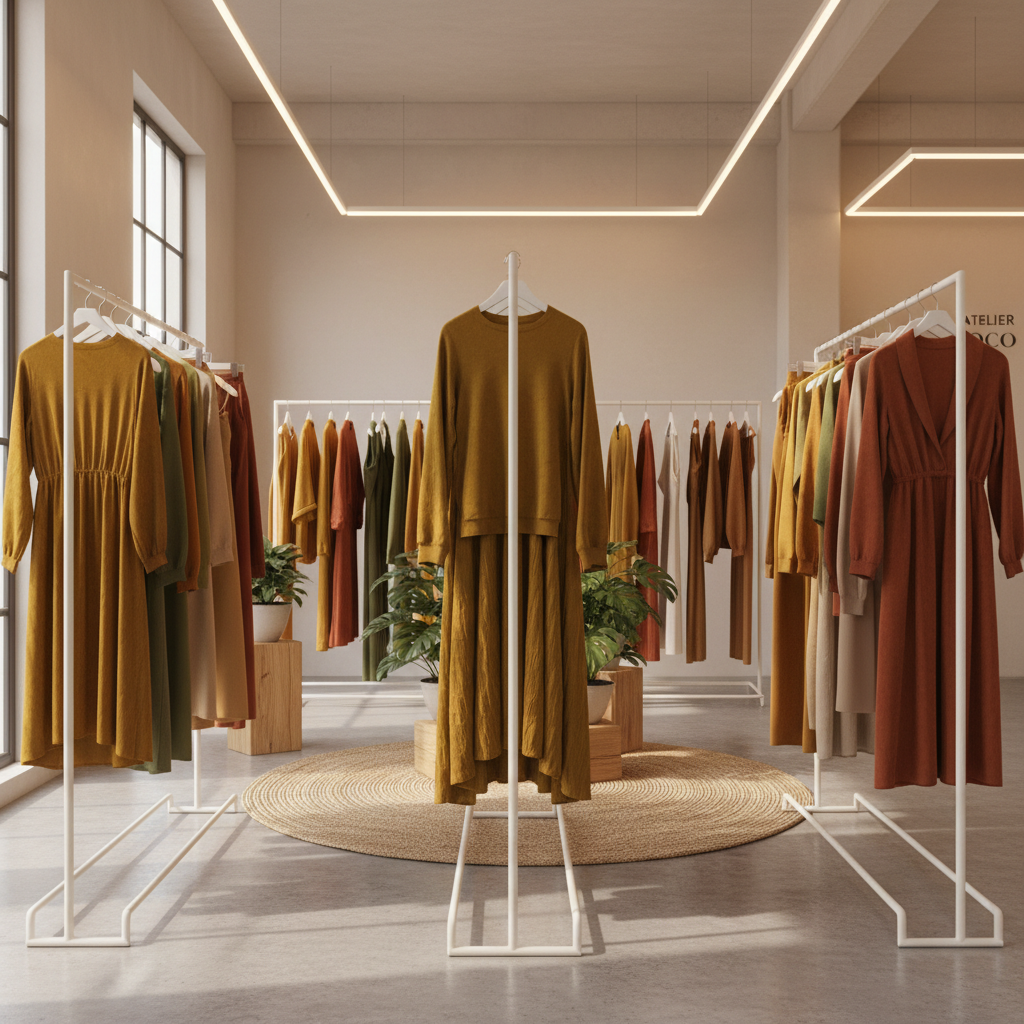 Fashion boutique interior with warm lighting, clothing racks with elegant garments