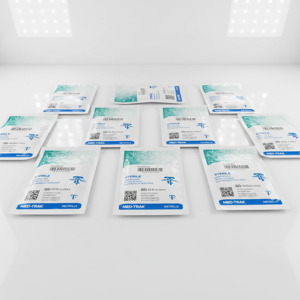 Medical consumables and wound care products on a well-lit clinical shelf with white and teal packaging