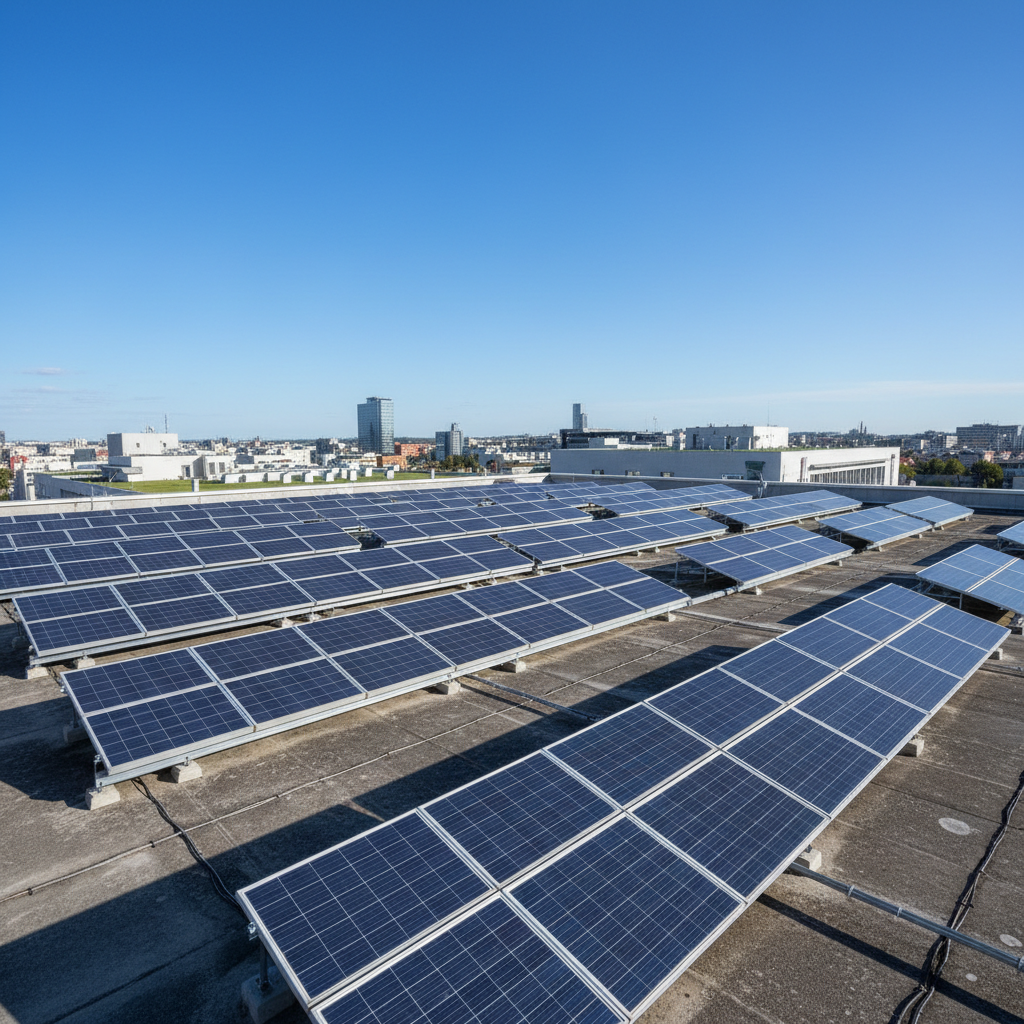 Solar panel installation on a rooftop terrace with dark tiles, overcast sky, city horizon in background, muted tones