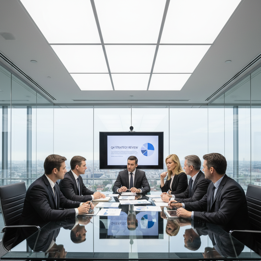 Executive reviewing strategic documents at glass desk, bright professional office, planning session