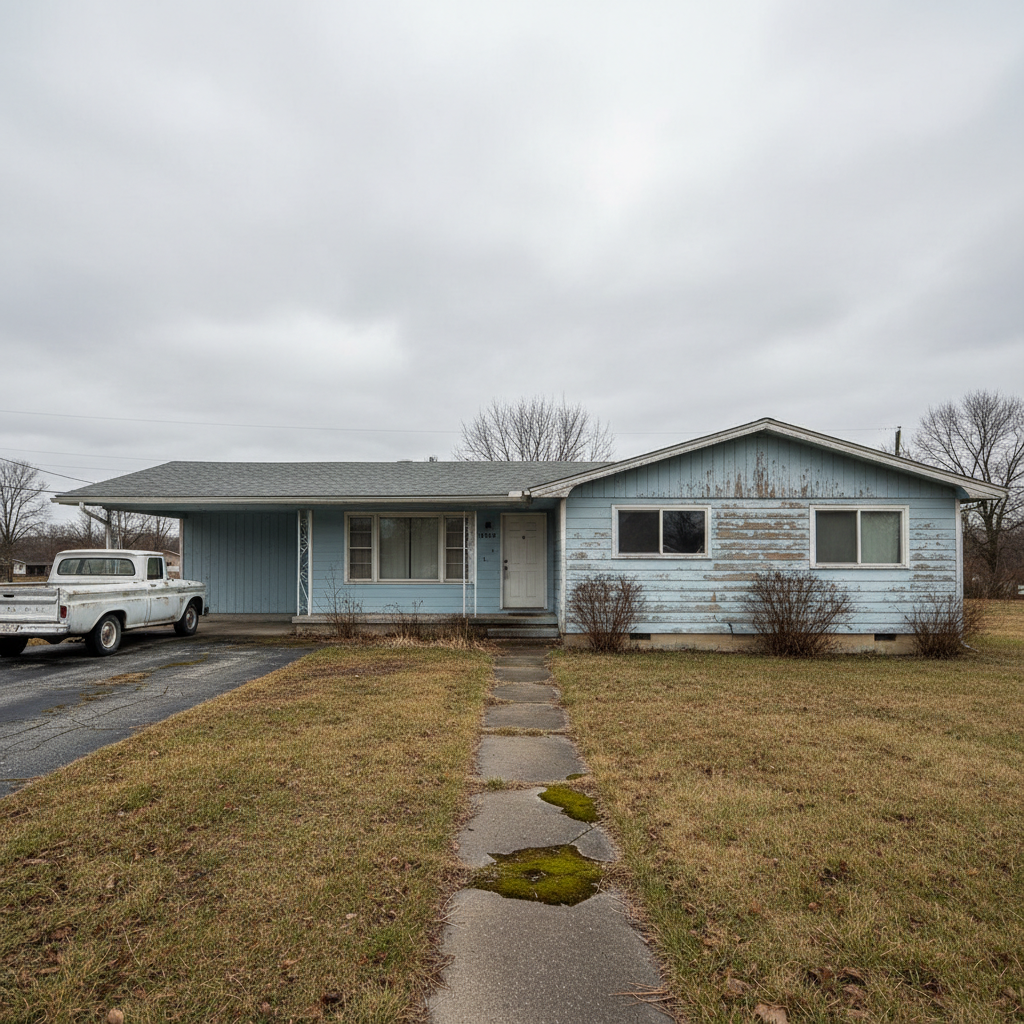 Older ranch house with dated aluminum siding and minimal landscaping, worn exterior