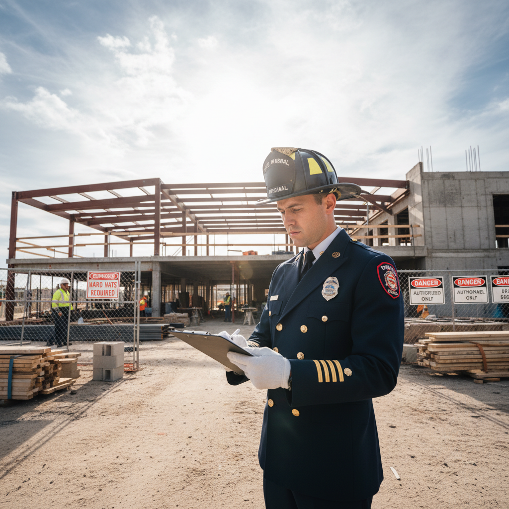 Fire marshal in uniform reviewing compliance documentation on clipboard at construction site entrance