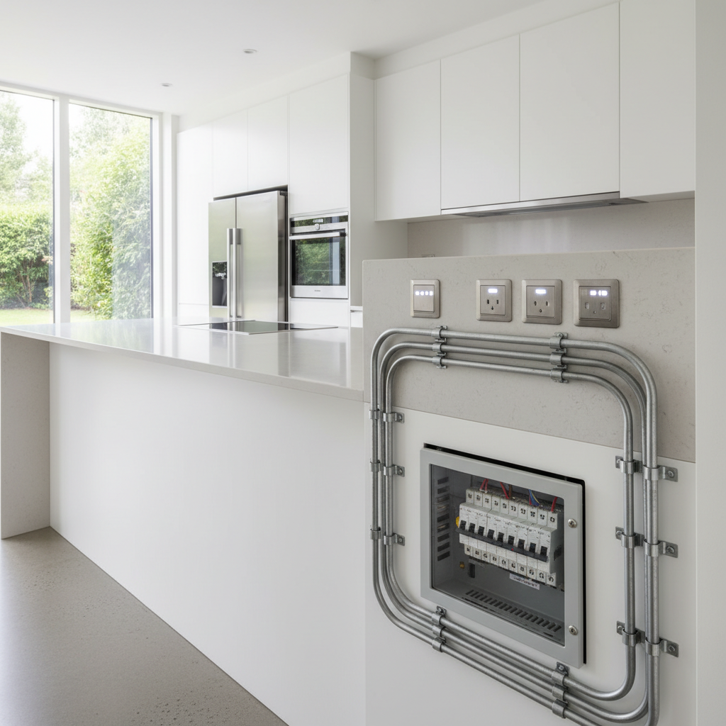 Commercial kitchen electrical installation with bright overhead lighting in clean stainless steel restaurant kitchen