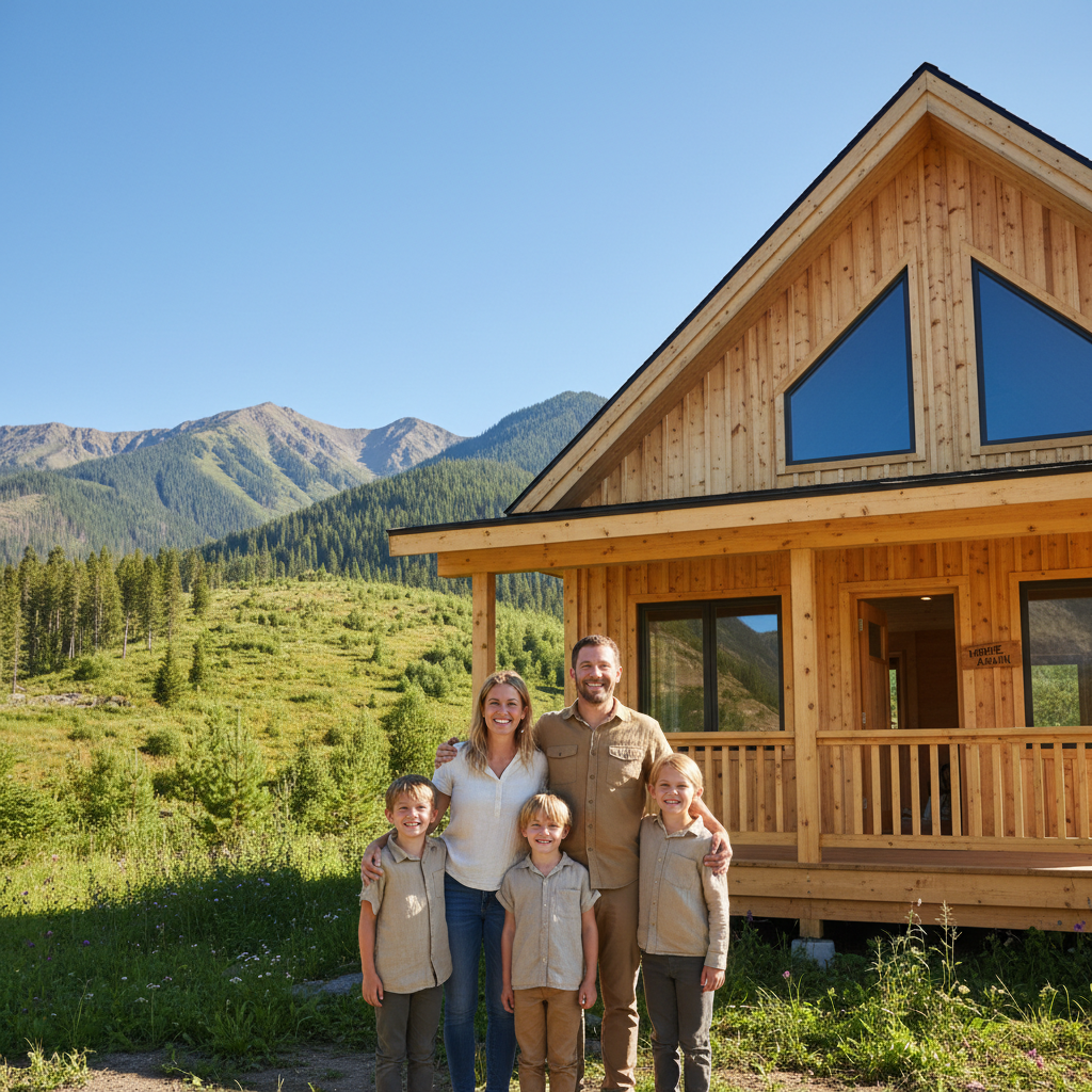 A family standing in front of their newly rebuilt home in a Northern California mountain community, blue sky, green pines beginning to regrow