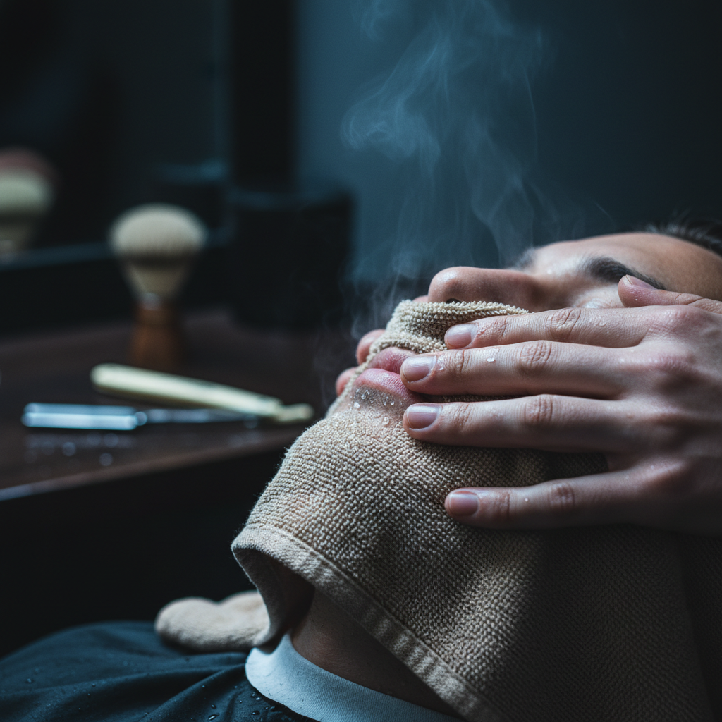 Barber applying hot towel to client face in a classic barbershop with dark walls and vintage mirrors, low ambient light