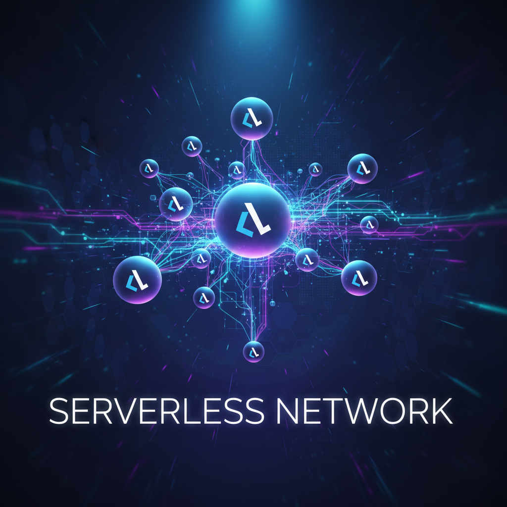 Diagrama de arquitectura serverless con nodos de red global interconectados sobre fondo oscuro