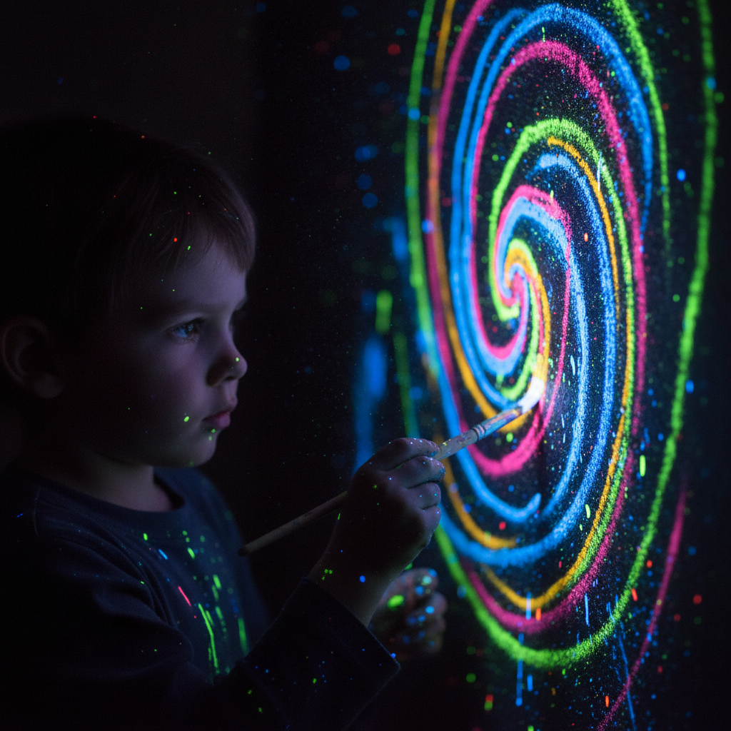 Child painting glowing neon art on a phosphorescent dark wall with light brushes