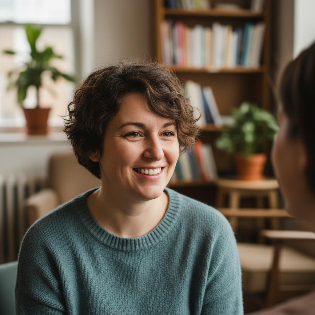 Parent peer support contact, smiling woman with short hair