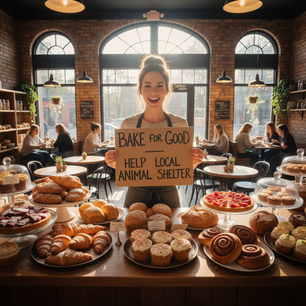Priya Mehta in her bakery surrounded by fresh pastries and a fundraising sign
