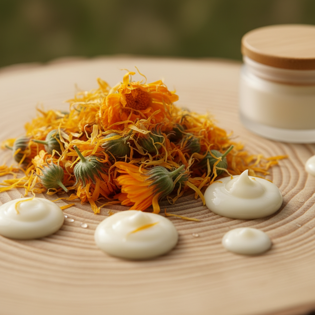 Close-up of calendula flowers used in organic baby balm