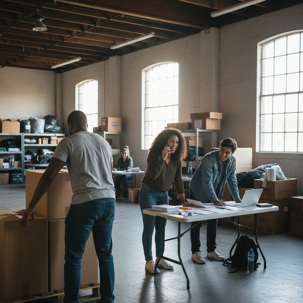 Sanctuary volunteers mid-work — someone stacking boxes, someone on the phone translating, two people laughing over a folding table covered in paperwork
