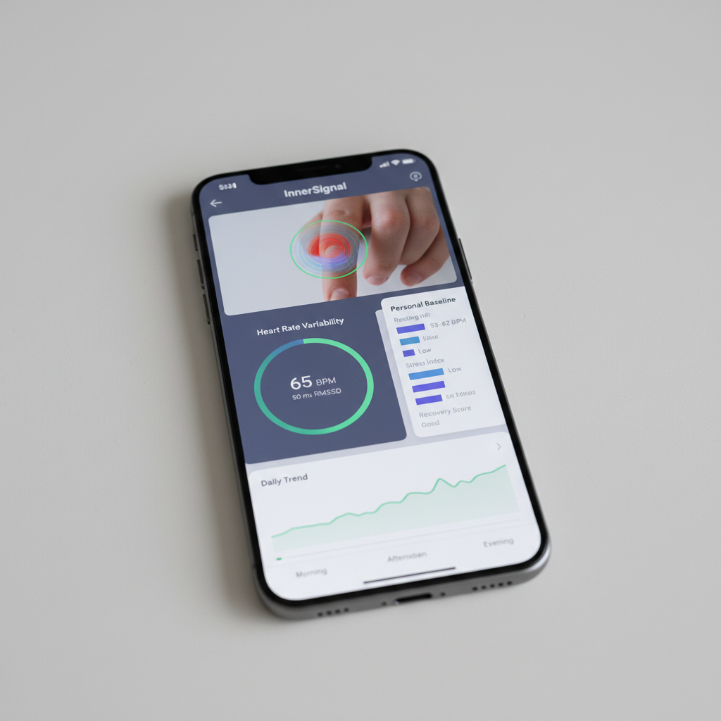 InnerSignal mobile app showing camera-based health signal detection and personal baseline tracking