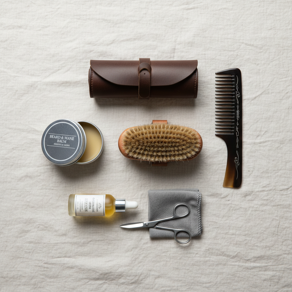 Flat-lay of grooming kit contents on cream linen — dandy brush, body brush, mane comb, hoof pick, and small leather balm tin