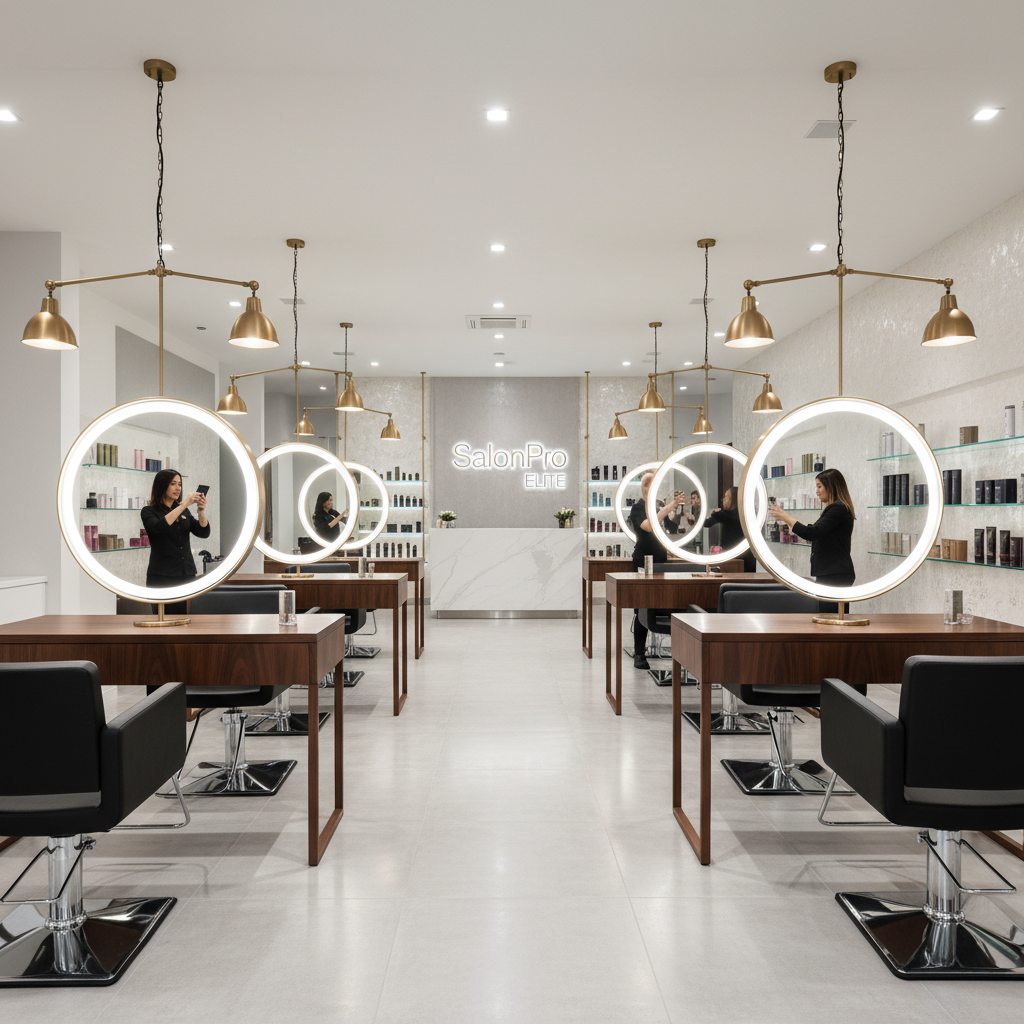 Sleek modern hair salon with white minimalist interior, bright studio lighting, clean styling stations