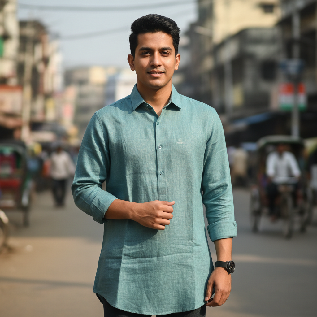 Bangladeshi delivery man in casual clothes, outdoor urban setting, natural light portrait