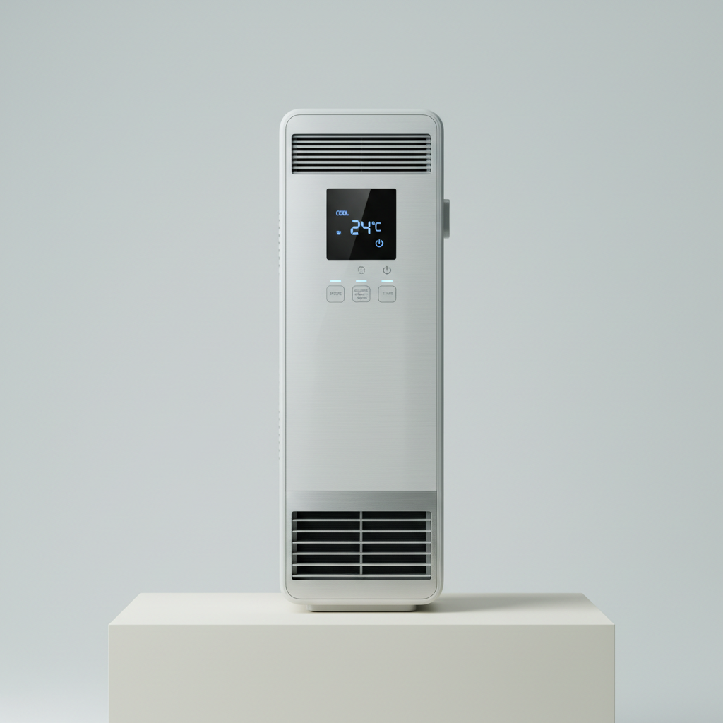 White portable air conditioner unit with blue display panel against a light wall