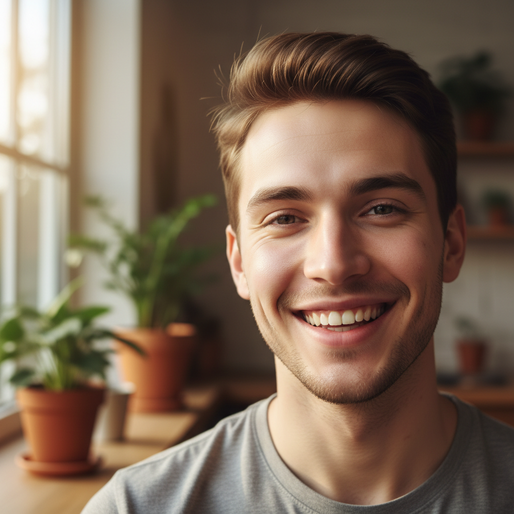Portrait of Jordan Castellano smiling, casual setting, warm indoor light