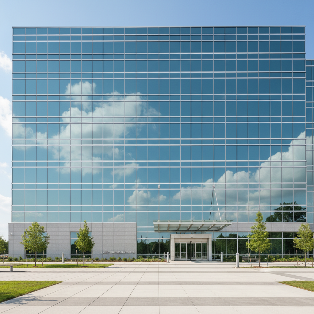 Modern medical campus building facade with high-performance laminated glass curtain wall