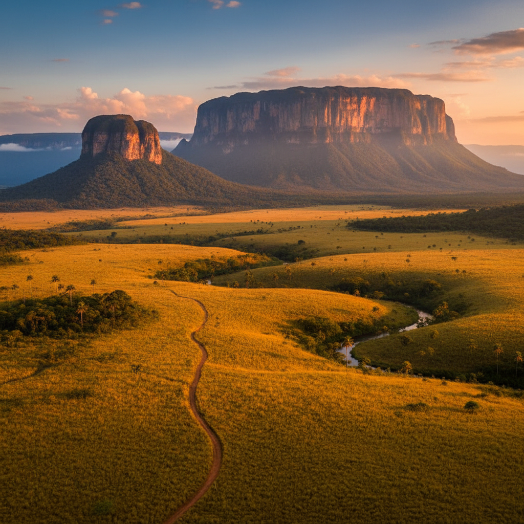 Canaima National Park, Gran Sabana landscape with tepuis and golden savanna grasslands