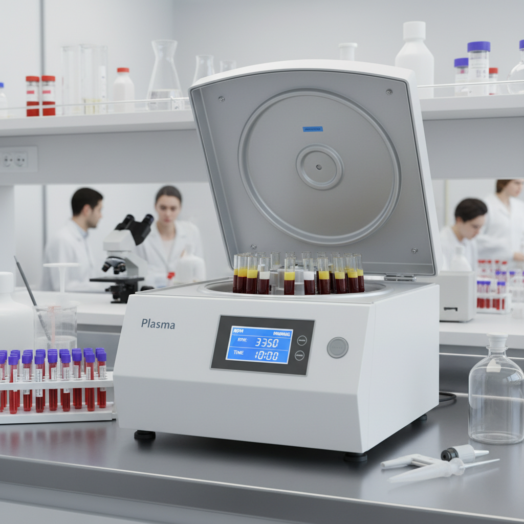Modern laboratory centrifuge machine with multiple sample slots, white plastic housing, clinical lab environment