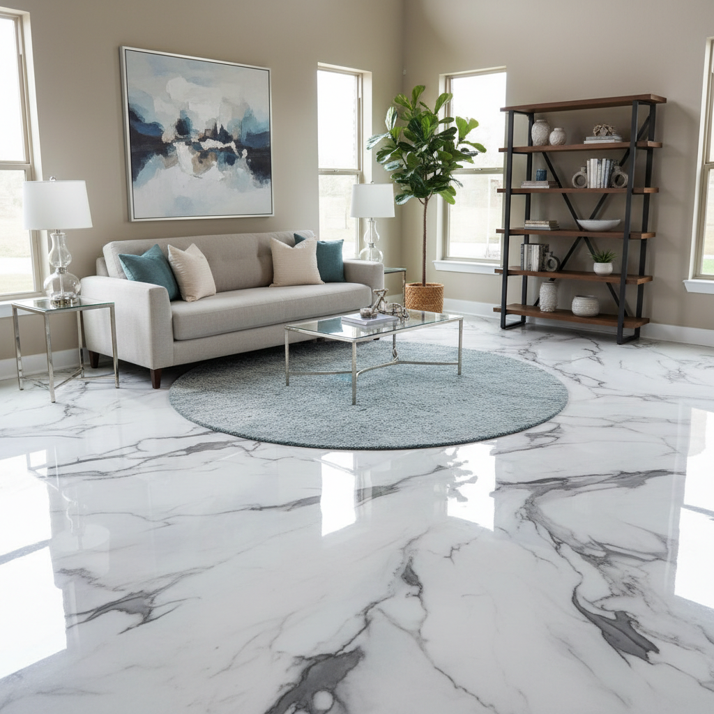Luxury residential space with decorative flake epoxy floor in warm neutral tones, open plan living area with polished floor