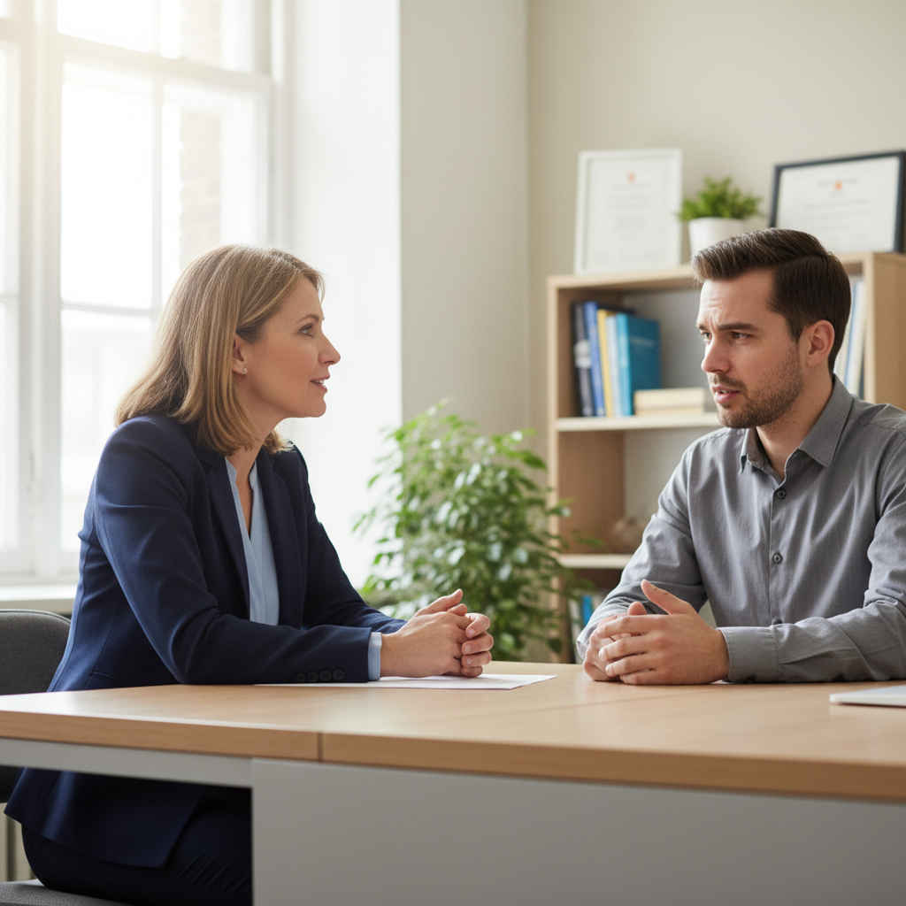 Career counsellor in professional setting having a one-on-one session with a student