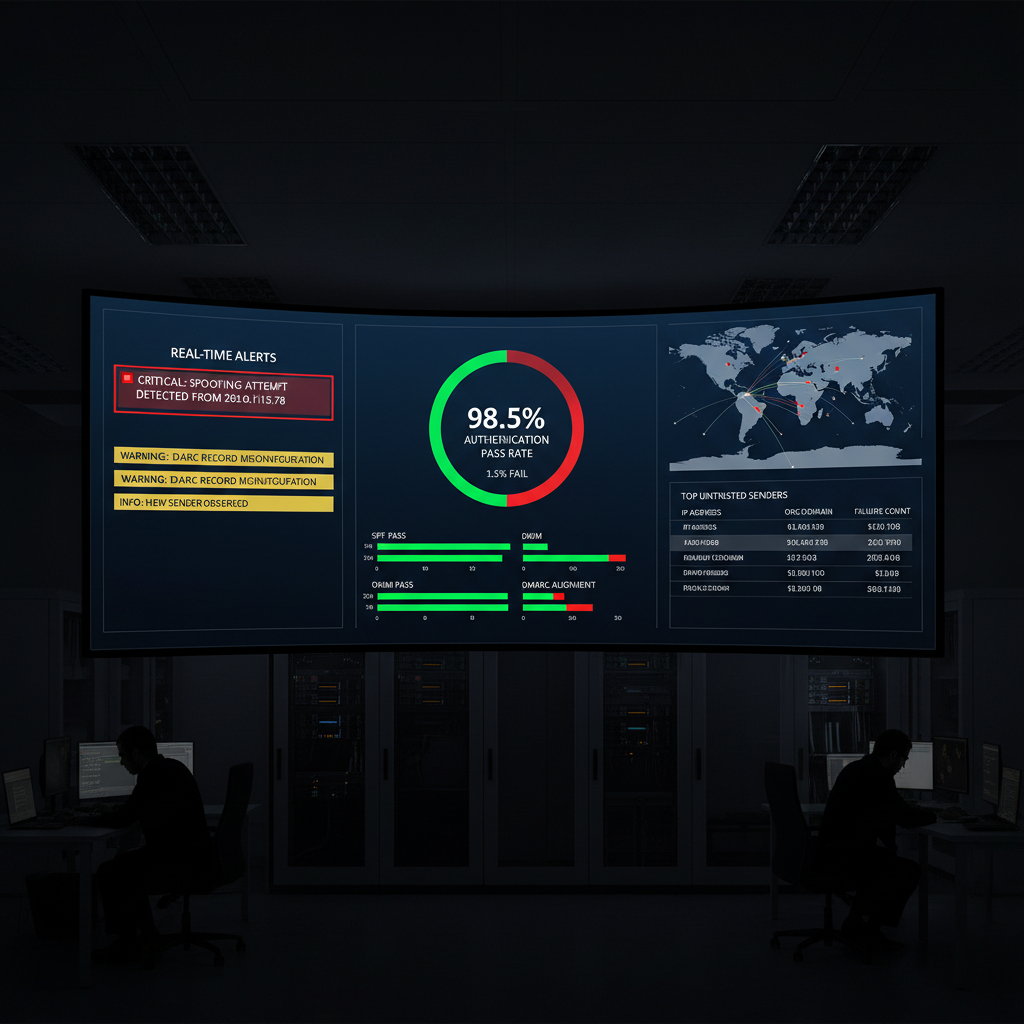 Security operations centre screen showing DMARC monitoring dashboard with authentication pass rates and alert status indicators
