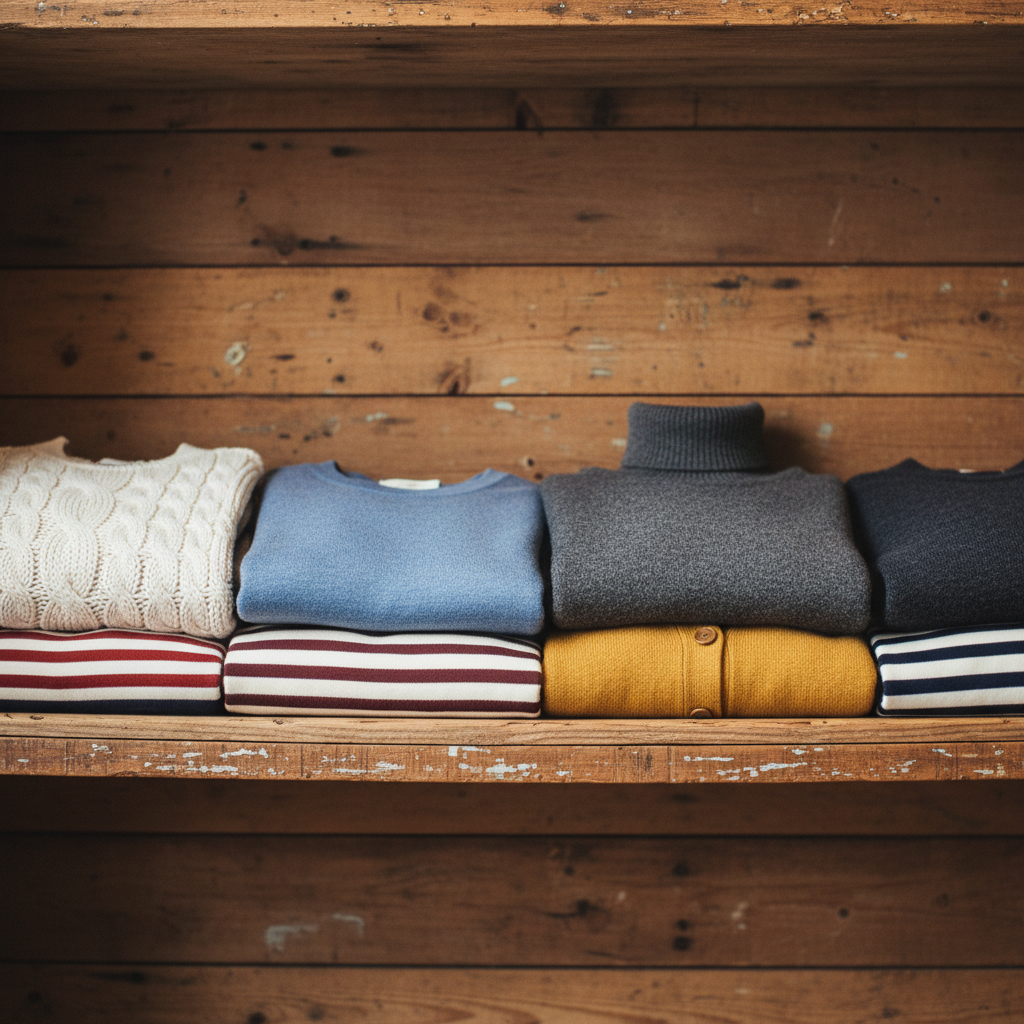 Folded knit sweaters and jackets stacked on a wooden shelf