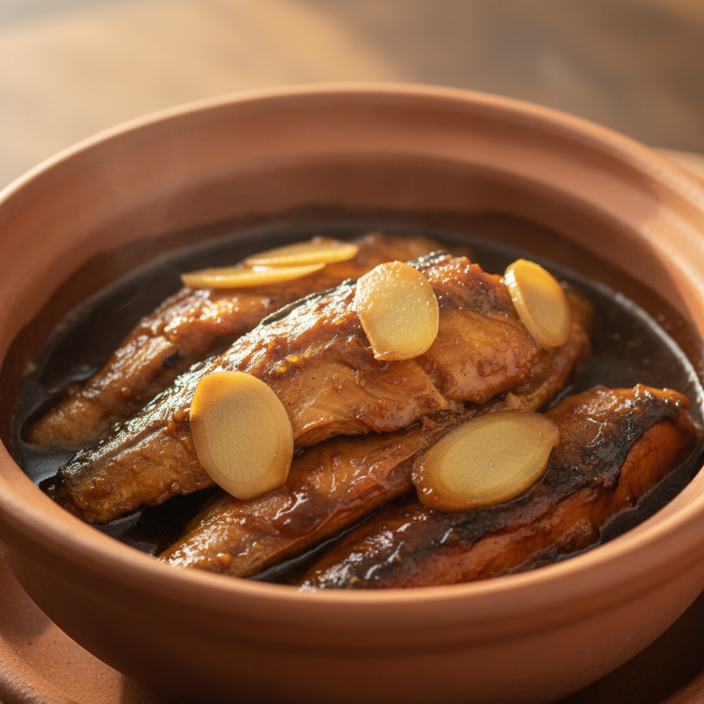 Caramelised fish in claypot with dark glossy sauce and ginger