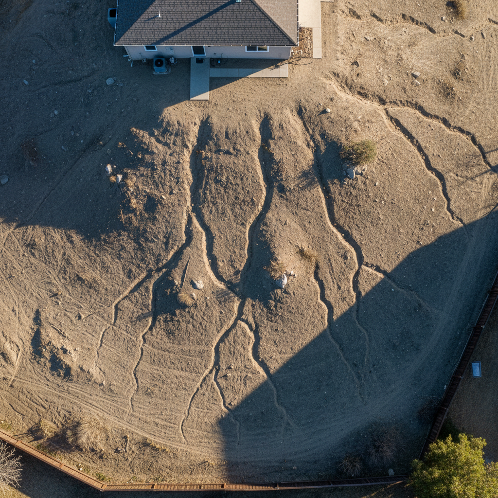 Aerial drone view of a steep residential backyard with bare compacted soil and visible drainage erosion channels on a hillside slope