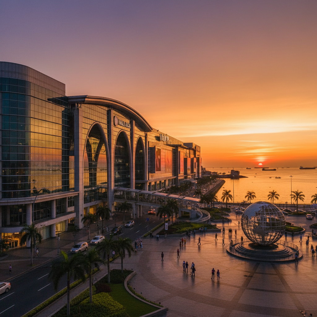 Massive SM Mall of Asia exterior at sunset with Manila Bay in the background, iconic Philippine shopping destination