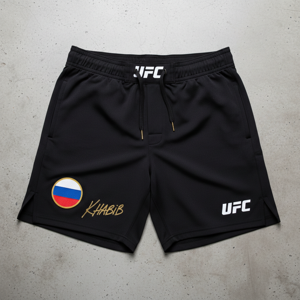 Black UFC fight shorts with Russian flag patch signed by Khabib in gold marker, framed in shadow box