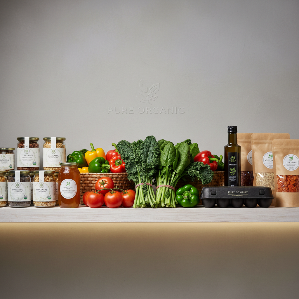 Expensive organic grocery items on a supermarket shelf
