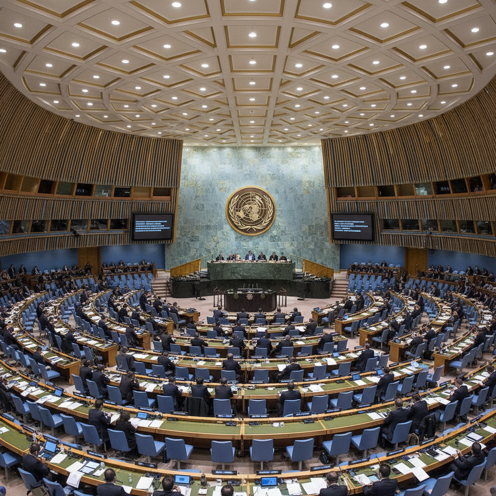 UN General Assembly hall from above, delegates seated, large screen displaying conflict imagery, tense diplomatic atmosphere, dark interior lighting