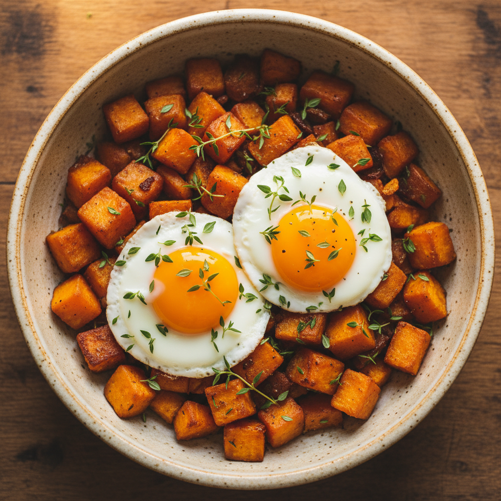Warm sunlit sweet potato hash with fried eggs and herbs in cast iron skillet, rustic wooden background