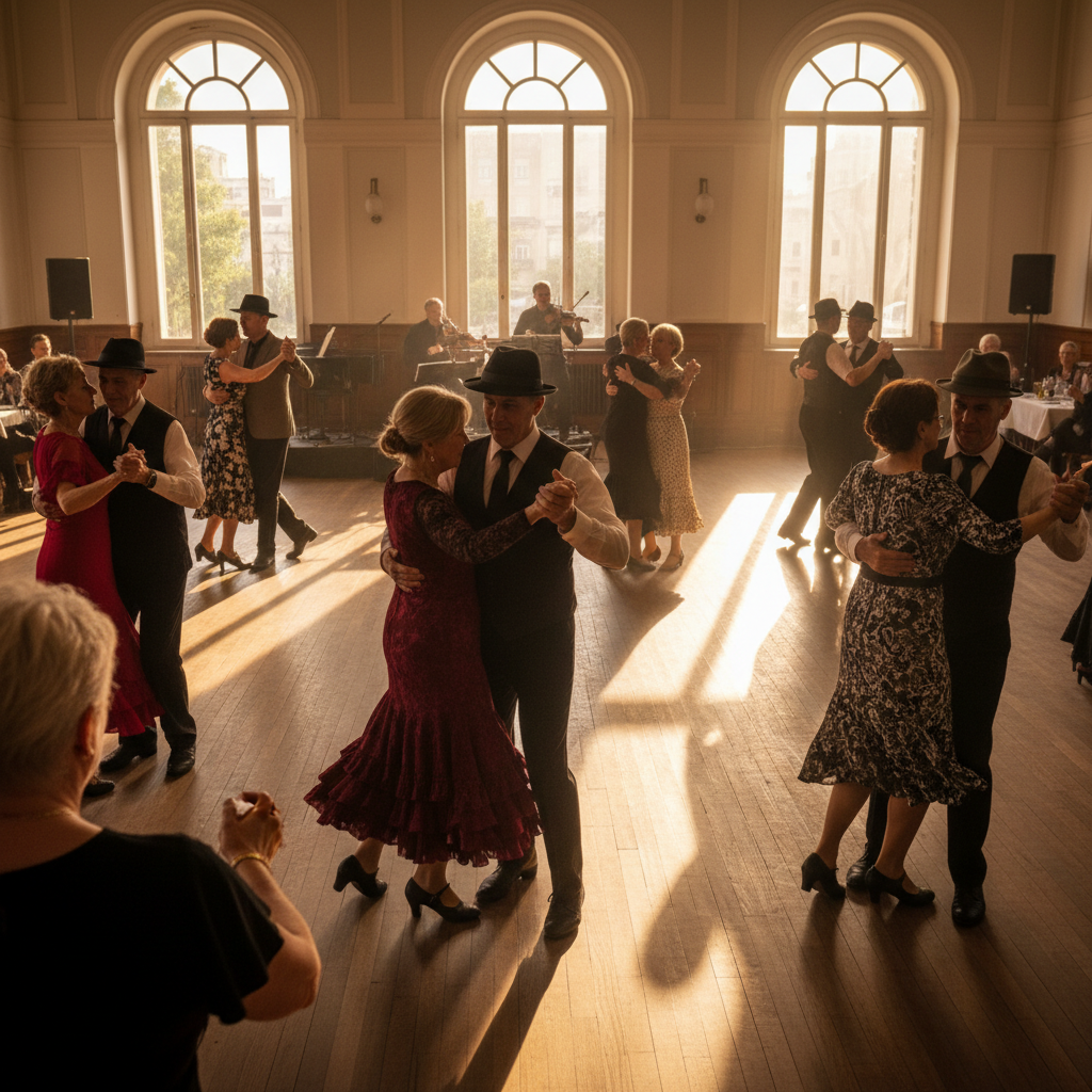 Tango milonga social dance event, multiple couples dancing, warm amber candlelight atmosphere