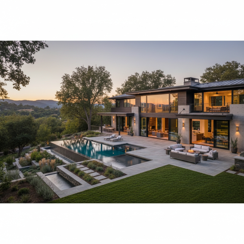 Contemporary house with swimming pool and outdoor patio area at sunset