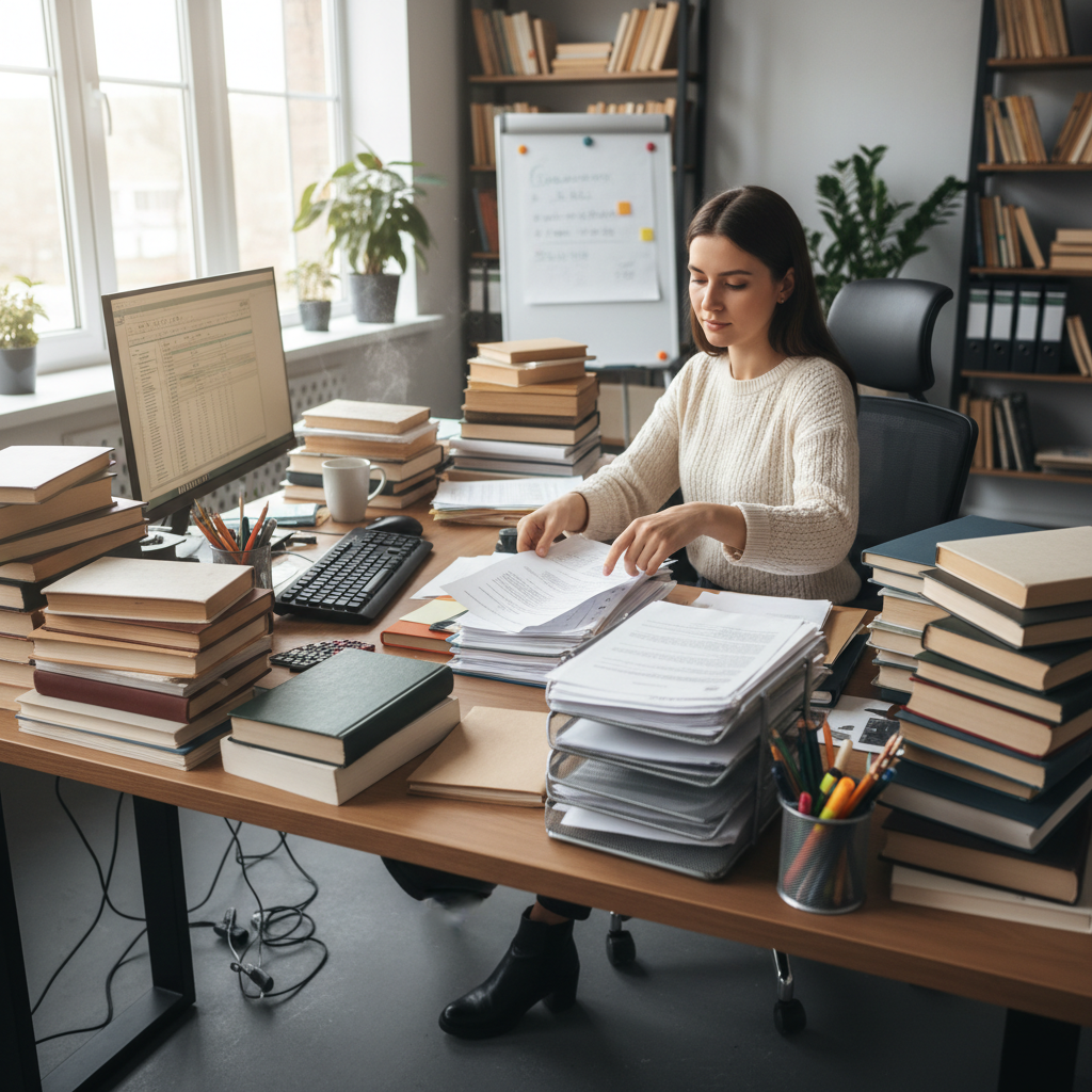 Person organizing documents and paperwork on a clean desk, well-lit office, orderly and professional environment