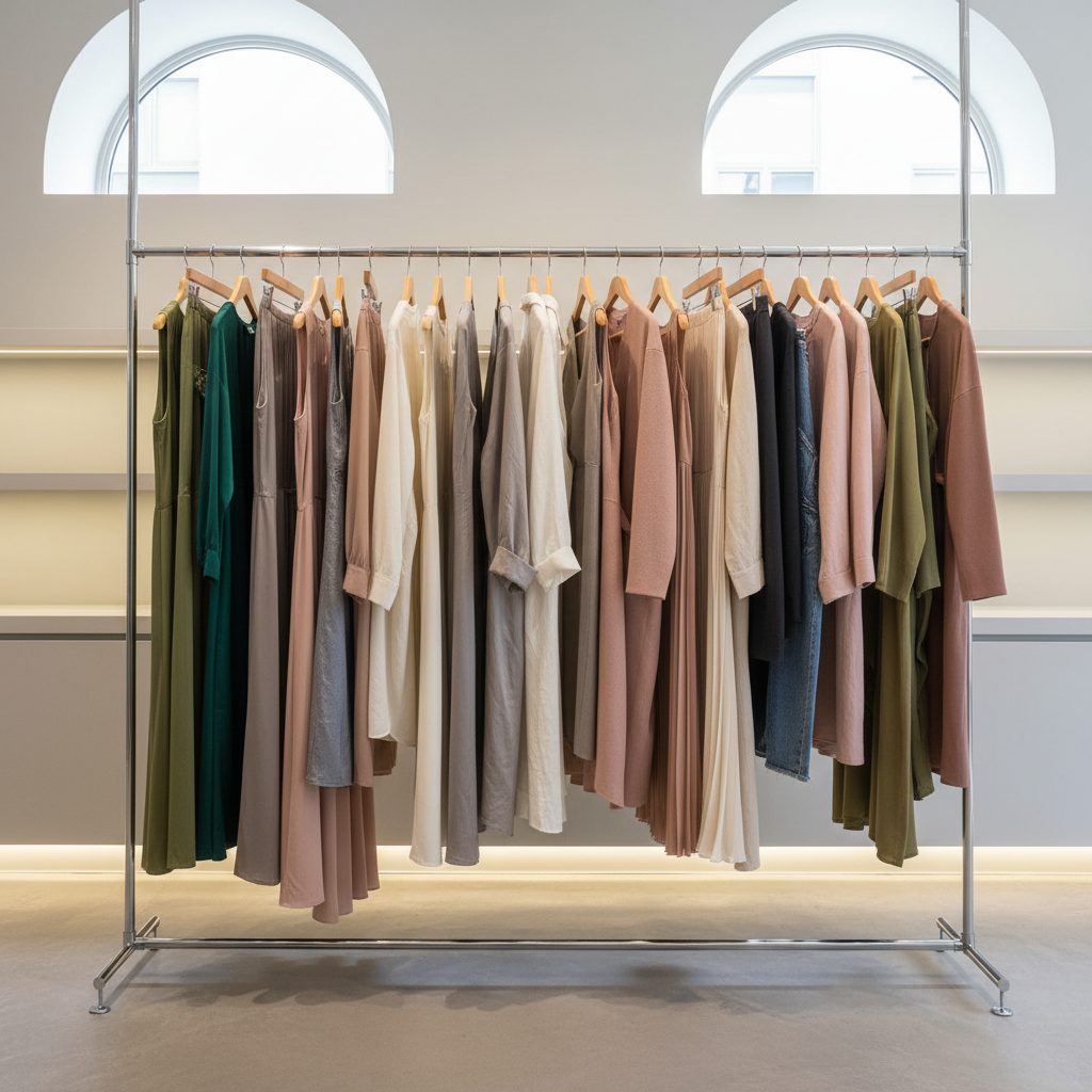 Stylish clothing rack with colorful garments in a boutique store