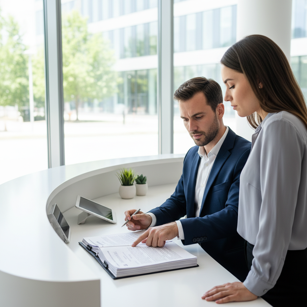 Customer reviewing and signing a repair authorization form at a service desk