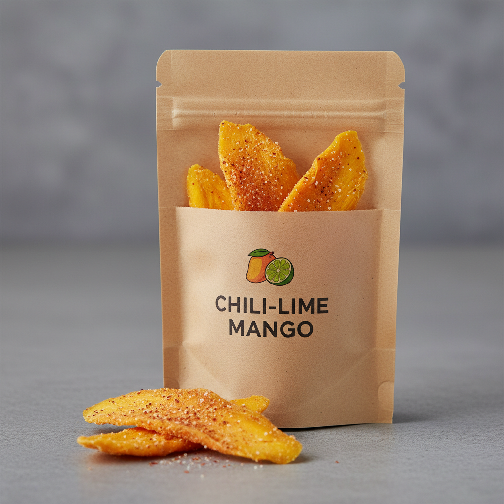 Bright orange dried mango slices in a clear snack bag